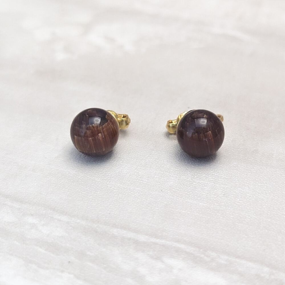 Vintage Clip On Earrings Retro Unusual Pattern Brown Ball